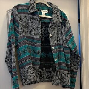 Coldwater Creek Teal and Gray Floral Jean Jacket